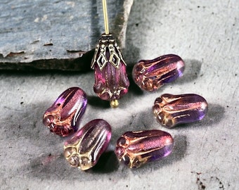 Transparent Purple and Fuchsia Czech Glass Flower ~ 12x8mm Lily Bud Flower ~ Purple & Pink Flower Bead (LBud23) * Qty. 12