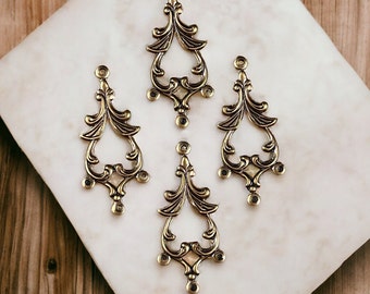 Elaborate Swirls Chandelier Link, Brass 3-Loop Connector, Lightweight Vintage Style Earring Components (VJS/A98) * Qty. 4