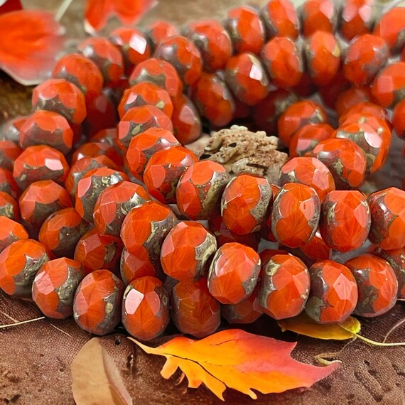 Czech Glass Beads - 8x6mm Faceted Rondelle, Opaque Real Orange Picasso Beads (R8/RJ-2211) * 25 Beads