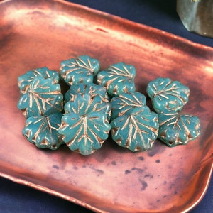 Czech Glass Beads - Aqua Blue Maple Leaf, 10x13mm Leaf Beads, Aqua Opaline Glass with Copper Wash (ML/N-1084) * Qty. 10