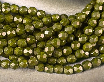 Olive Green 6mm Czech Glass Beads, Fire Polished Faceted Round Beads, Olive Green Moon Dust Luster (FP6/SM-MD53420) * Qty. 25