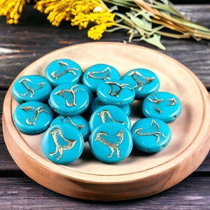 Cerulean Blue Czech Glass Beads  Bird Theme  Nature Beads  Opaque Blue Czech Beads  12mm Coin Beads (COIN/RJ-4715) * Qty.  10