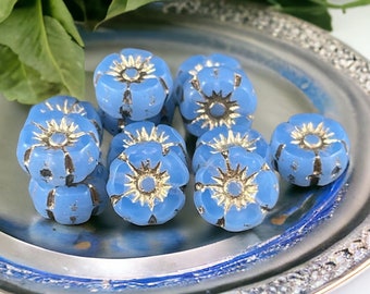 Tiny 7mm Flower Beads, Light Sapphire Opaline Hibiscus Flowers, Light Blue Czech Glass Beads with Gold Wash (FL7/RJ-1215) * Qty. 12