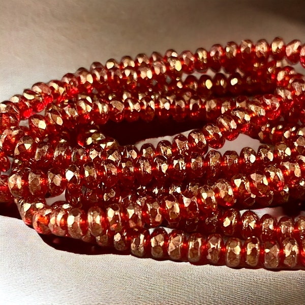Faceted Ruby Red Czech Glass Rondelles ~ Transparent Red with Golden Luster ~ 4x2.5mm Red Spacer Beads (RON3/N-0681) * Qty. 50