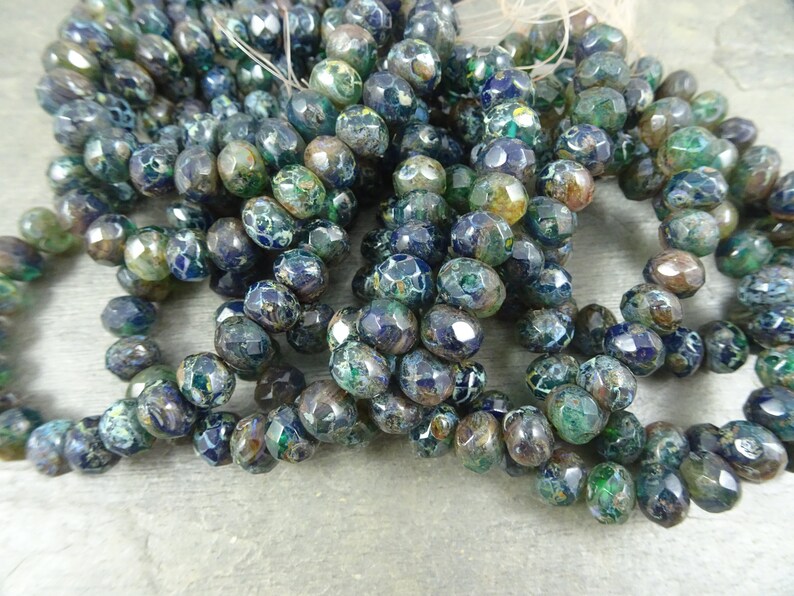 Czech Beads Cobalt and Emerald Picasso Beads Dark Blue and Green Glass Beads Qty 12 R8RJ-0363 8x6mm Rondelle Czech Glass Beads
