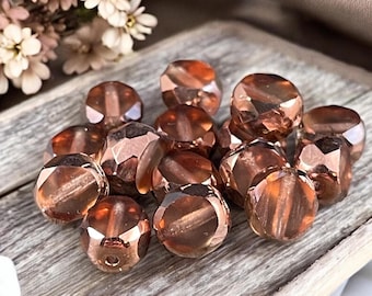 Czech Glass Beads - Transparent Peach and Copper 8mm Table Cut Faceted Oval (FAS/N-1262) * Qty. 15