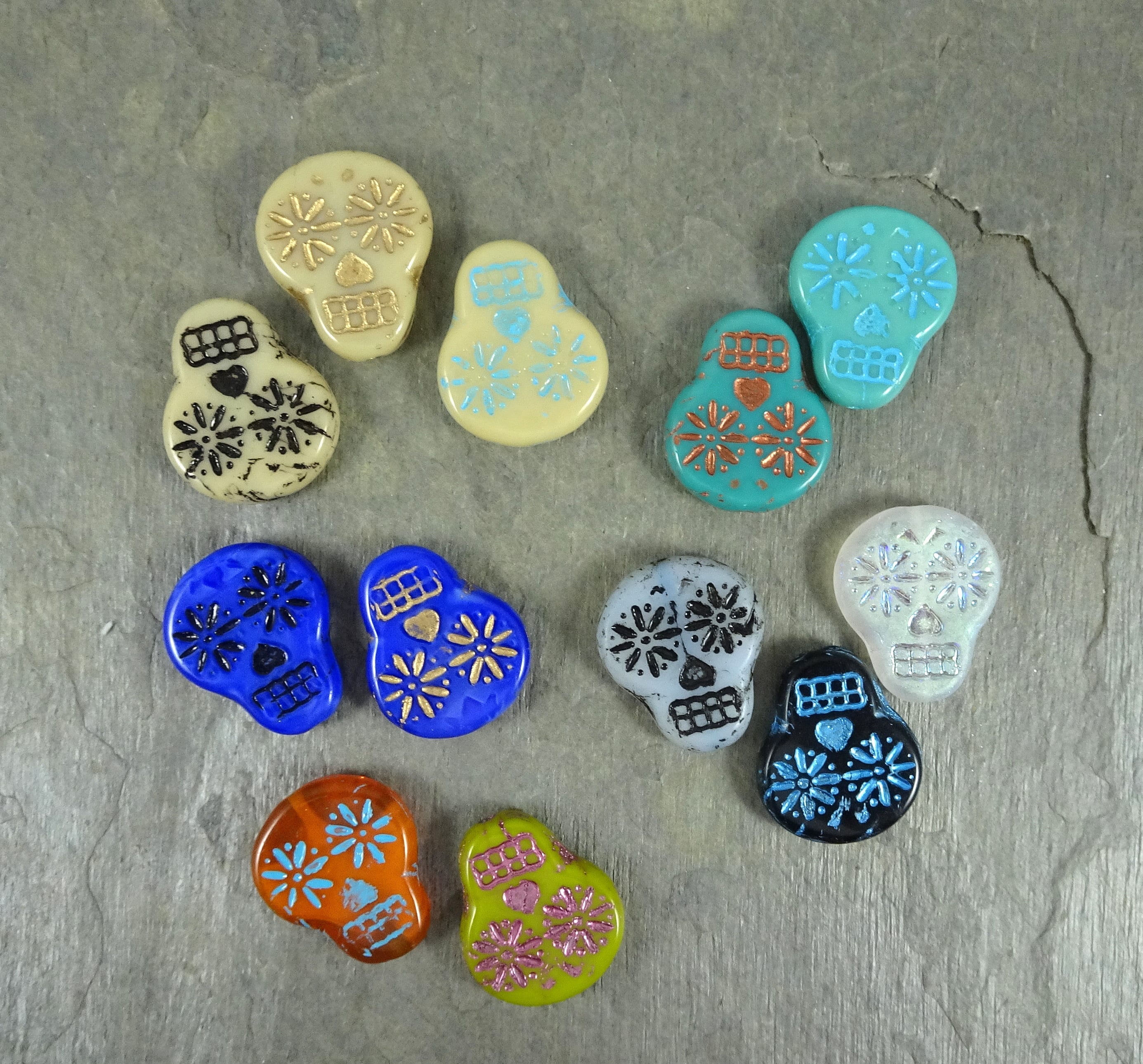 Czech glass Sugar Skull Beads 4 beads 20mm x 17mm Turquoise with Gold