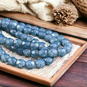 Blue Czech Glass Beads,  6mm Faceted Round Glass Beads, Steel Blue Marbled Picasso Beads (FP6/N-021) * Qty. 25