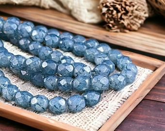 Blue Czech Glass Beads,  6mm Faceted Round Glass Beads, Steel Blue Marbled Picasso Beads (FP6/N-021) * Qty. 25