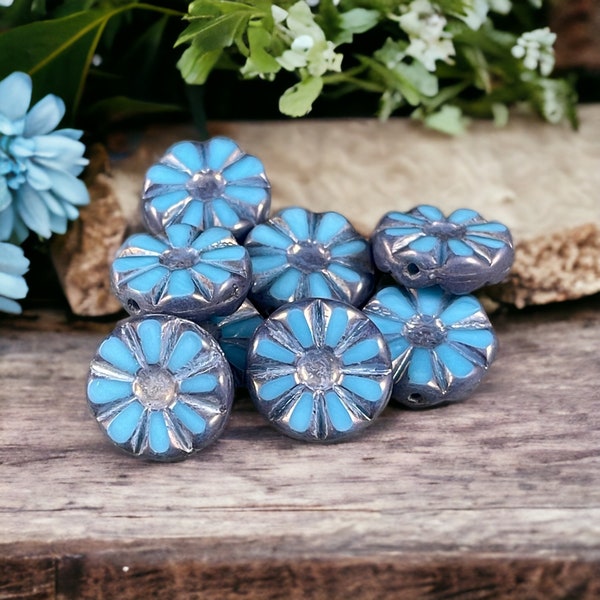 12mm Table Cut Denim Blue Silk Sunflower Coin Beads ~ Sky Blue Picasso Czech Glass Beads (TCF-48) * Qty. 6