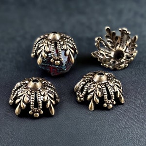 Antiqued Brass Floral Filigree Bead Caps ~ 12mm Ornate Victorian Bead Caps ~ Bronze Filigree Bead Caps (VJS/BB83) * Qty. 4