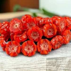 Czech Glass Beads -  12mm Orange Hibiscus Flower Beads ~ Dark Orange Striped Glass with Copper Wash (FL12/RJ-1171) * Qty. 6