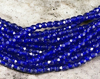 Classic Cobalt Blue Czech Glass Beads, 4mm Faceted Round Beads - Transparent Cobalt Blue Beads (FP4/SM-3009) * Qty. 50
