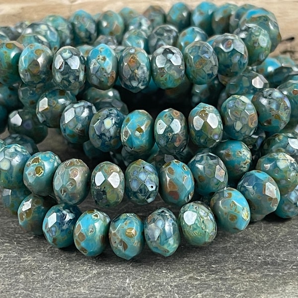 Teal  Turquoise and Montana Blue with Full Picasso  8x6mm Rondelle  Czech Glass Beads - Multi Color Blues with Picasso Finish (R8/RJ-2734) *