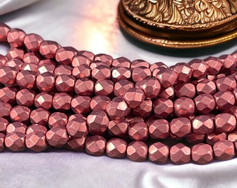 Rose Gold Czech Glass Beads - 6mm Fire Polished Beads, 6mm Faceted Round Beads - Coppery Pink Metallic Beads (FP6/SM-08A02) * Qty. 25