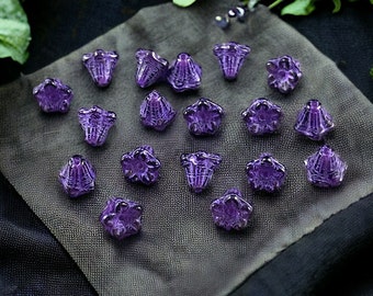 6x5mm Tiny Purple Trumpet Flower, Czech Glass Beads ~ Dark Purple Bell Flower with Purple Wash (N-0800) * Qty. 30
