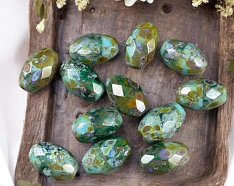 Czech Beads, 12x8mm Faceted Oval, Blended Two-Tone Blue/Green Picasso (FOV/N-0252) * Qty. 8