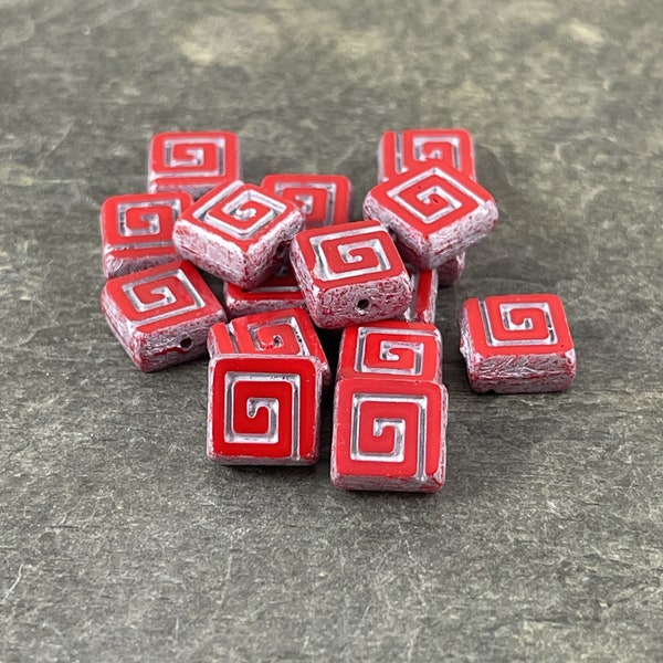 Red Table Cut Picasso Bead ~ Czech Glass Beads ~ Opaque Red and Silver Glass Bead ~ 9mm Square Glass Bead (CSq2) * Qty. 8