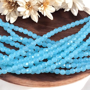 Czech Glass Beads - Light Blue 4mm Faceted Round Beads, Milky and Transparent Aqua (FP4/SM-61000) * Qty 50