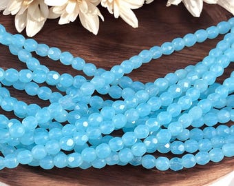 Czech Glass Beads - Light Blue 4mm Faceted Round Beads, Milky and Transparent Aqua (FP4/SM-61000) * Qty 50