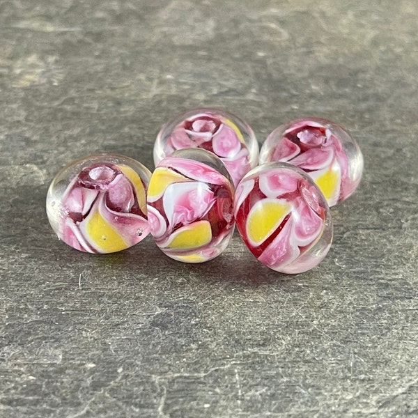 Fuchsia, Pink and Yellow Glass Beads, 14x9mm Rondelle Lampwork Beads (LB001) Multicolored Lampwork Beads * Qty. 4