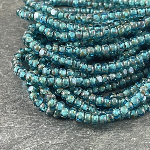 Dark Aqua Blue Faceted Seed Bead ~ 4x3mm Tri-Cut, Transparent Deep Aqua Blue Picasso Beads (TRICA/RJ-2666) * Qty. 50