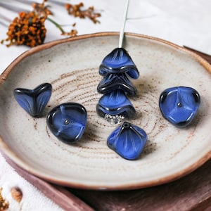 Two-Tone Blue 3-Petal Flower Beads ~ Beautiful Dark Blue Glass Flower ~ 12x9mm Bell Flower Bead (FLLB/RJ-1033) * Qty. 8