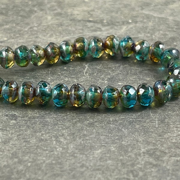 Aqua  Teal and Brown Picasso Rondelles  5x3mm Faceted Czech Glass Beads  Blue and Brown Beads (R5/N-0839) * Qty. 30