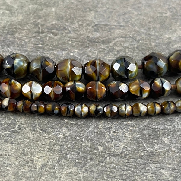 Tiger Eye Czech Glass Beads ~ 4mm, 6mm, 8mm Brown and Beige Glass Faceted Round Beads ~ Tortoise Shell (FP-26117) *