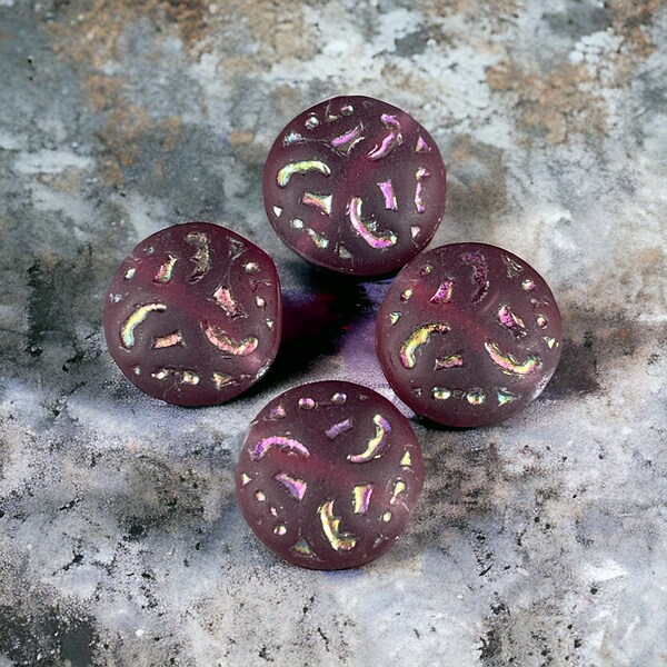 14mm Matte Ruby Red Puffed Coin Beads, Dark Red Glass with AB Accents, Czech Glass Beads (Cnfti10) * Qty. 4