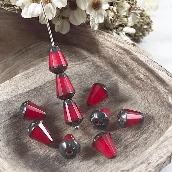 Czech Glass Beads 8mm Beveled Teardrop, Ruby Red Opaline Teardrop Beads  (DRO/RJ-2460) 15