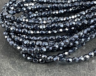 Shiny Chrome Metallic 22 beads Round Glass Beads Hematite Dark Grey Gray Glass Bead Gunmetal 8mm Chrome Silver Glass Druk Czech Beads