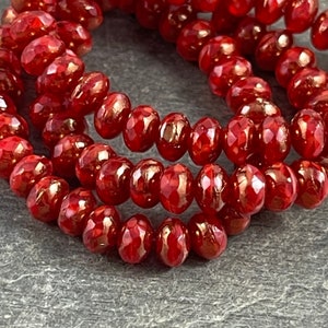 Czech Glass Beads - Red and Bronze Faceted 5x3mm Rondelle, Transparent Ruby Red and Opaque Red with Bronze Picasso (R5/N-0186) - Qty. 30