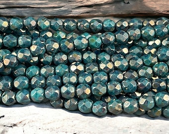 Czech Glass Beads - 6mm Faceted Round Beads, Persian Turquoise with Bronze Picasso Fire Polished Beads (FP6/SM-BT6315) * Qty. 25