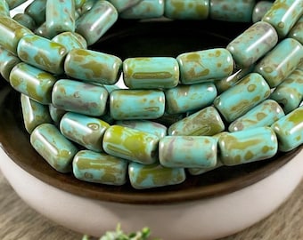 Czech Glass Beads - Turquoise Picasso 9x5mm Tube Bead, Tea Green with Picasso Finish (TBE/N-2119) * Qty. 16