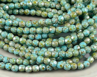 Czech Glass Beads - 4mm Turquoise Picasso Faceted Glass Beads (FP4/N-052) * Qty. 50