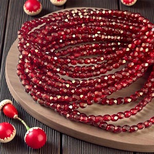 Ruby Red with Gold Finish Glass Beads, Red Czech Beads, 4mm Faceted Round Beads - Transparent Red with Gold Luster (FP4/N-123) - Qty 50