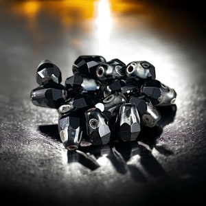 Czech Glass Beads - 8mm Black Picasso Faceted Drops, Jet Black Teardrop with Picasso (DRO/RJ-2364) * Qty. 15