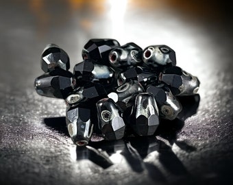 8mm Black Picasso Faceted Drops  Black Czech Beads  Czech Glass Beads  Jet Black Teardrop with Picasso (DRO/RJ-2364) * Qty. 15