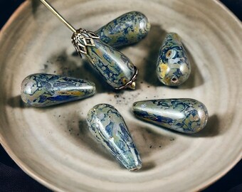 20x9mm Sapphire Blue Picasso Teardrop Beads  Elongated Teardrop Beads  Czech Glass Beads  Dark Blue with Full Picasso (TD/N-0833) * Qty. 6