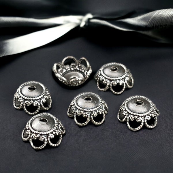 9mm Antiqued Silver Open Filigree Victorian Style Bead Caps ~ Oxidized Silver Plated Brass (VJS-DD22X) * Qty. 6