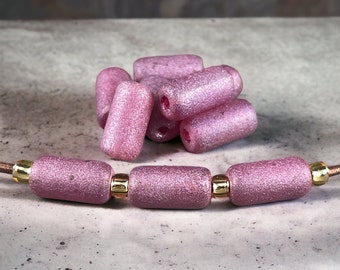 Czech Glass Beads ~ 14x7mm Large Hole Glass Tube Bead ~ Mauve Etched Finish Glass with Pink Wash ~ 2mm Hole (TUBE/N-0969) * Qty. 8