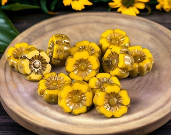 Tiny 7mm Flower Beads, Opaque Yellow Hibiscus Flowers with Bronze Finish, Czech Glass Beads (FL7/RJ-1218) * Qty. 12