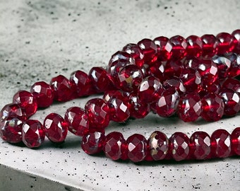 7x5mm Red Czech Glass Beads ~ Transparent Ruby Red Faceted Rondelles with Picasso Finish (R7/N-0720) * Qty. 25