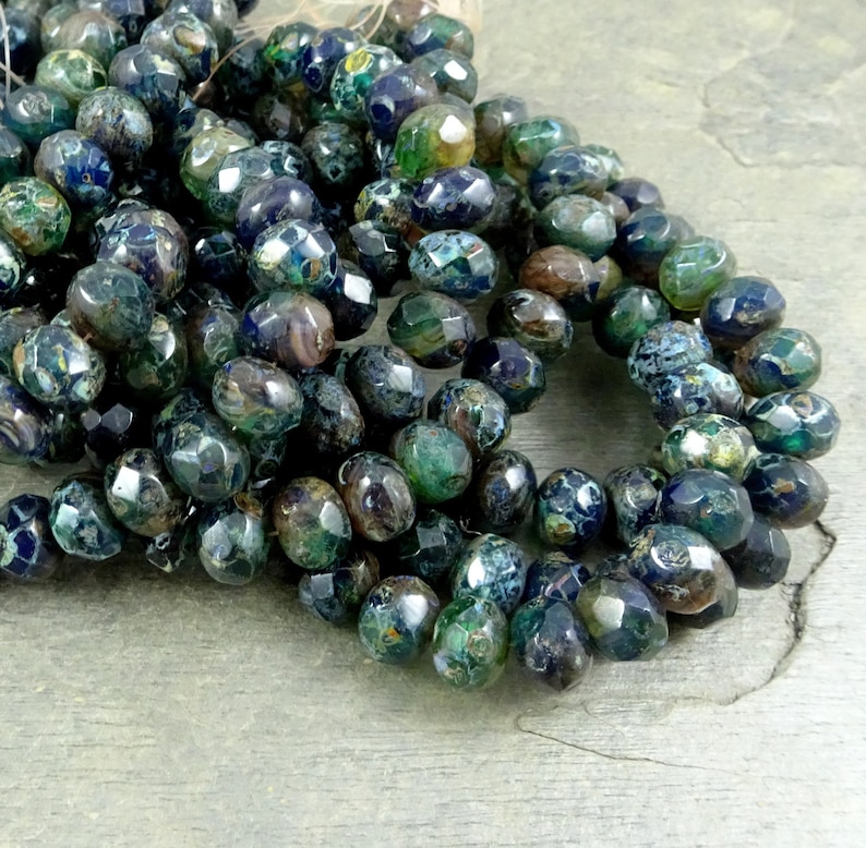 Czech Beads Cobalt and Emerald Picasso Beads Dark Blue and Green Glass Beads Qty 12 R8RJ-0363 8x6mm Rondelle Czech Glass Beads