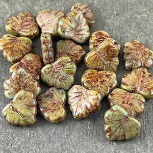 Czech Beads 10x13mm Rustic Picasso Maple Leaf Beads ~ Brown & Green Maple Leaf (L/RJ-2378) * Qty. 10