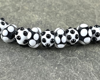 Black and White Polkadot Beads  Black and White Lampwork  Polka-dot Lampwork Beads  Round and Rondelle Bead Mix (LB229/527)