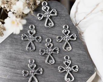 Antiqued Silver Cross Charms, Religious Charms, Small Silver Cross (I026-AS) * Qty. 20