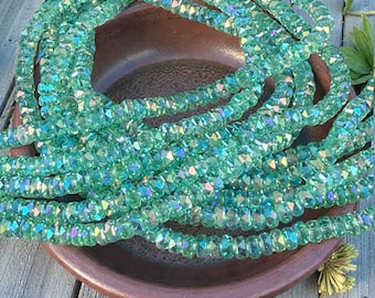 Faceted Glass Beads - 4x2.5mm Heishi Rondelles, Green Aquamarine with AB Finish (GAquaAB) * 7" Strand