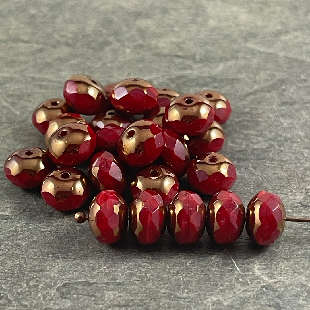 Opaque Ruby Red Glass Beads Dark Red With Bronze Picasso 8x6mm Etsy
